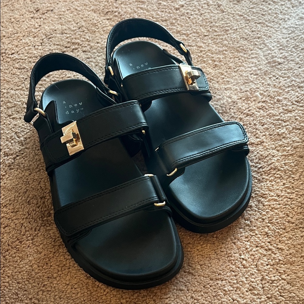 A New Day ‘Jonie’ Black Sandals with Gold Accents